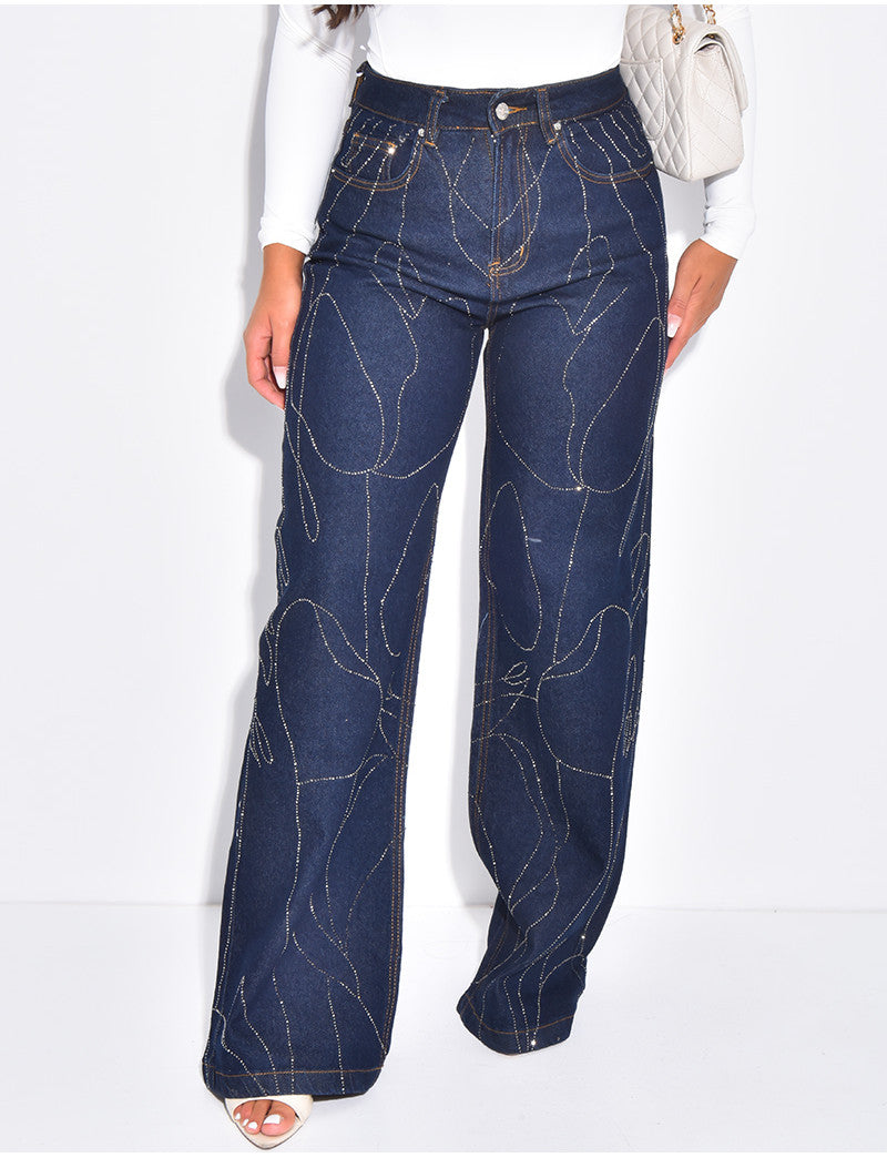 Jeans coupe large bleu brut à strass