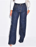 Jeans coupe large bleu brut à strass
