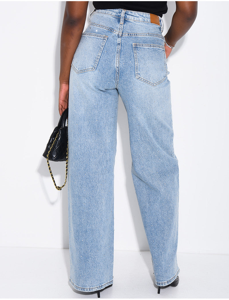 Jeans wide leg à boutonnière croisé et strass