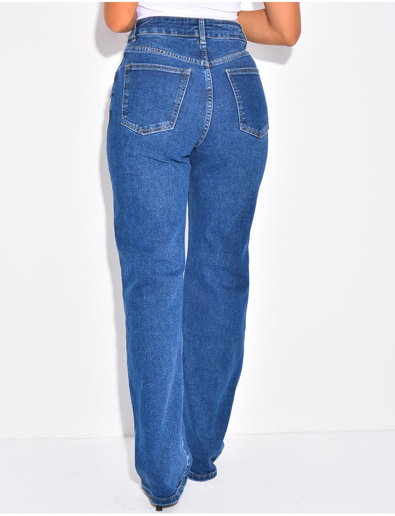 Jeans coupe droite stretchy à boutonnière croisée