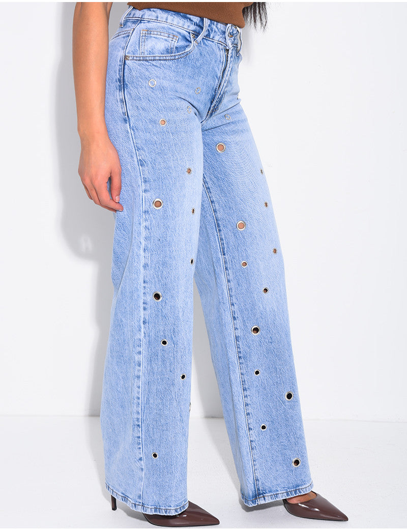 Jeans coupe droite taille haute à oeillets