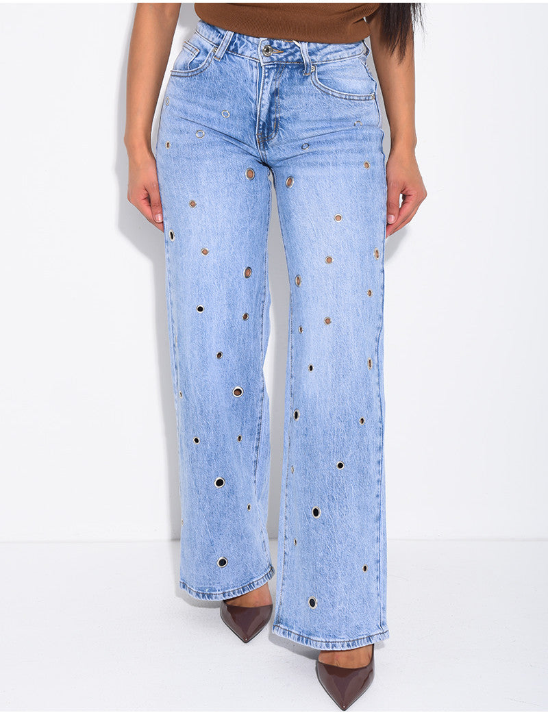 Jeans coupe droite taille haute à oeillets