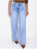 Jeans coupe droite taille haute à oeillets