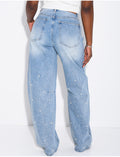 Jeans ballon à strass & perles