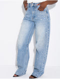 Jeans ballon à strass & perles