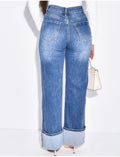 Jeans coupe droite stretchy à revers aux chevilles