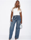 Jeans wide leg à strass de partout et ceinture assortie