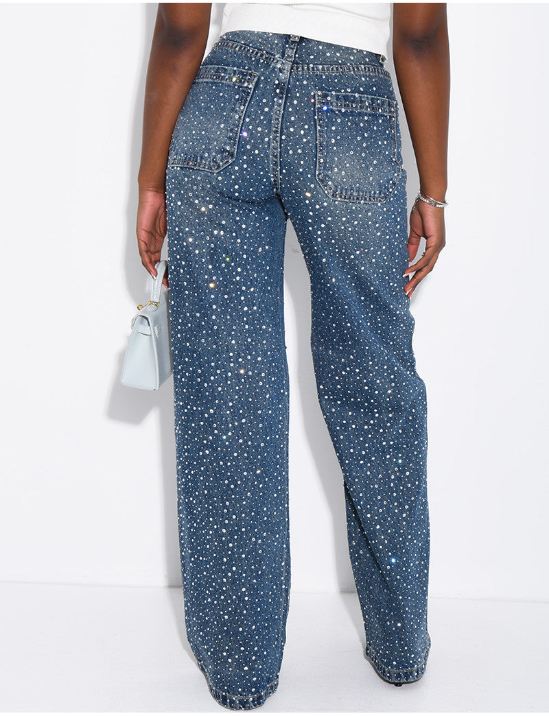 Jeans wide leg à strass de partout et ceinture assortie