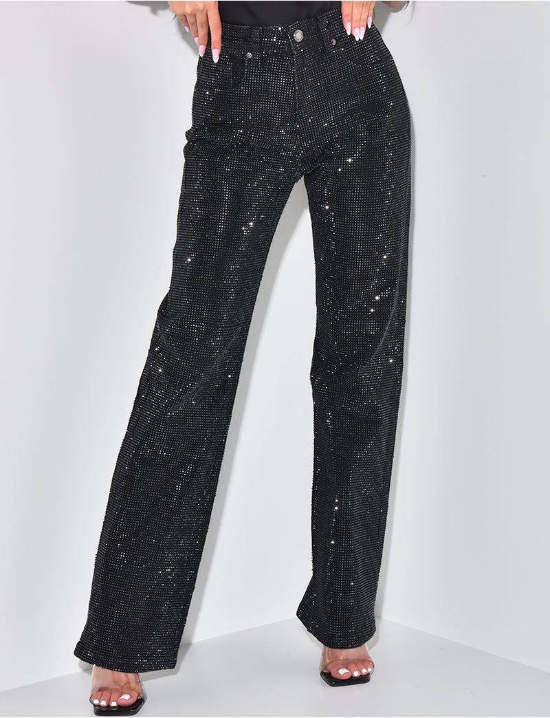 Jeans coupe droite noir à strass