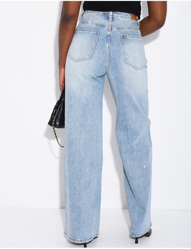 Jeans wide leg à boutonnière croisé et strass