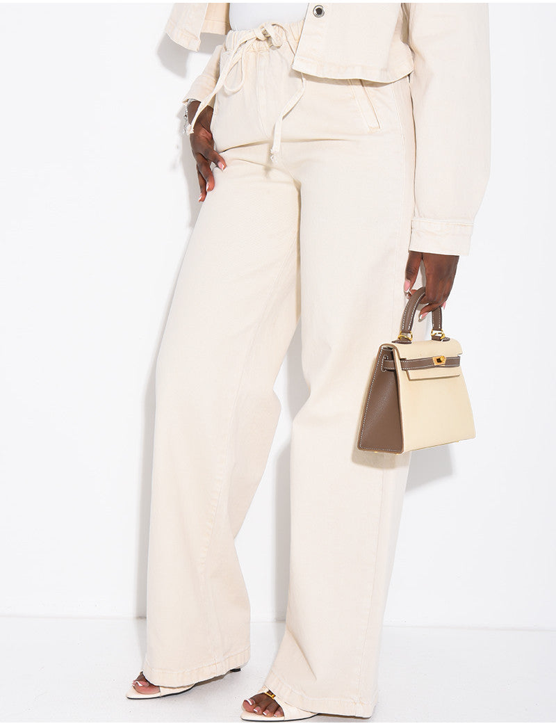 Jeans coupe droite beige à élastique à la taille