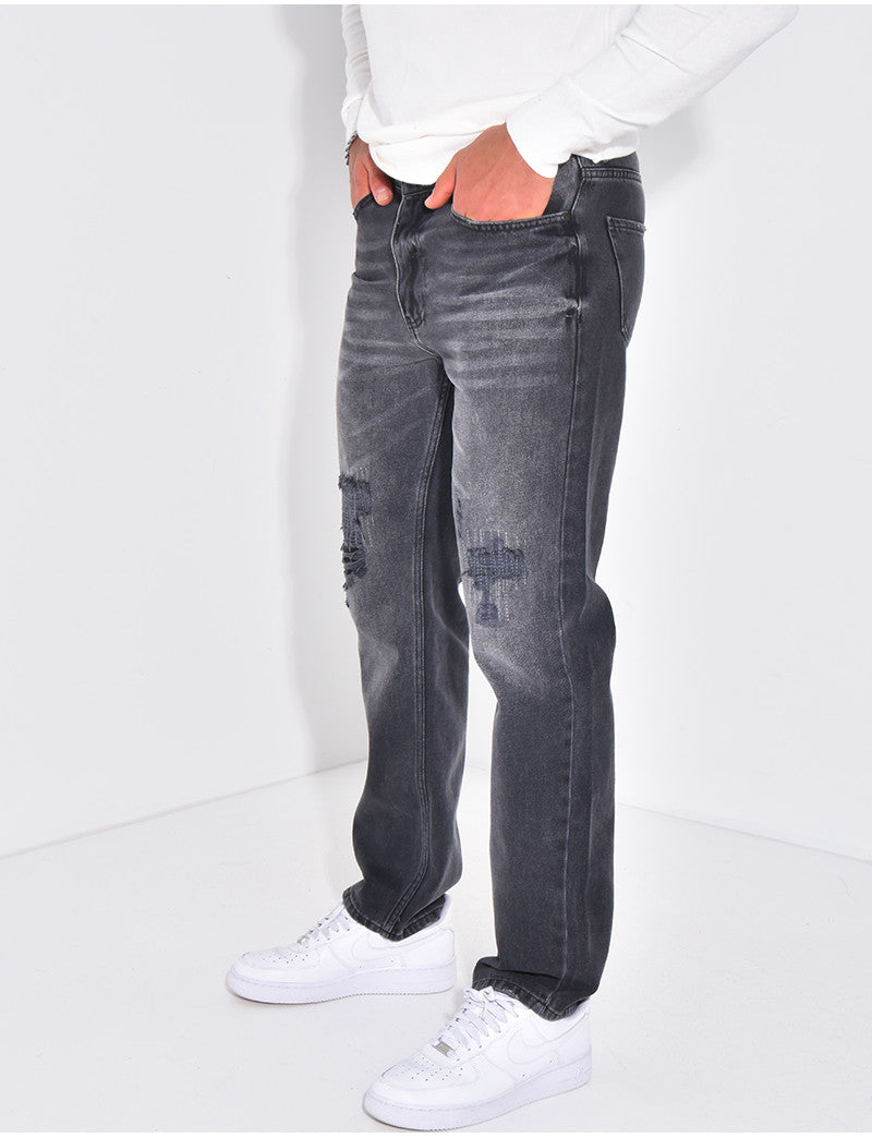 Jeans coupe droite destroy