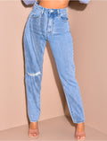 Jeans coupe droite taille haute destroy