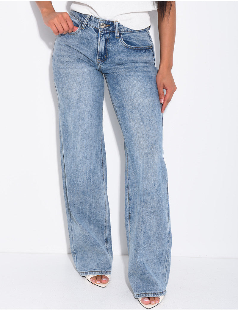 Jeans taille basse wid leg délavé
