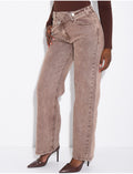 Jeans wide leg à délavage brun & boutonnière croisé
