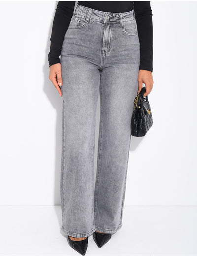 Jeans coupe droite taille haute gris délavé