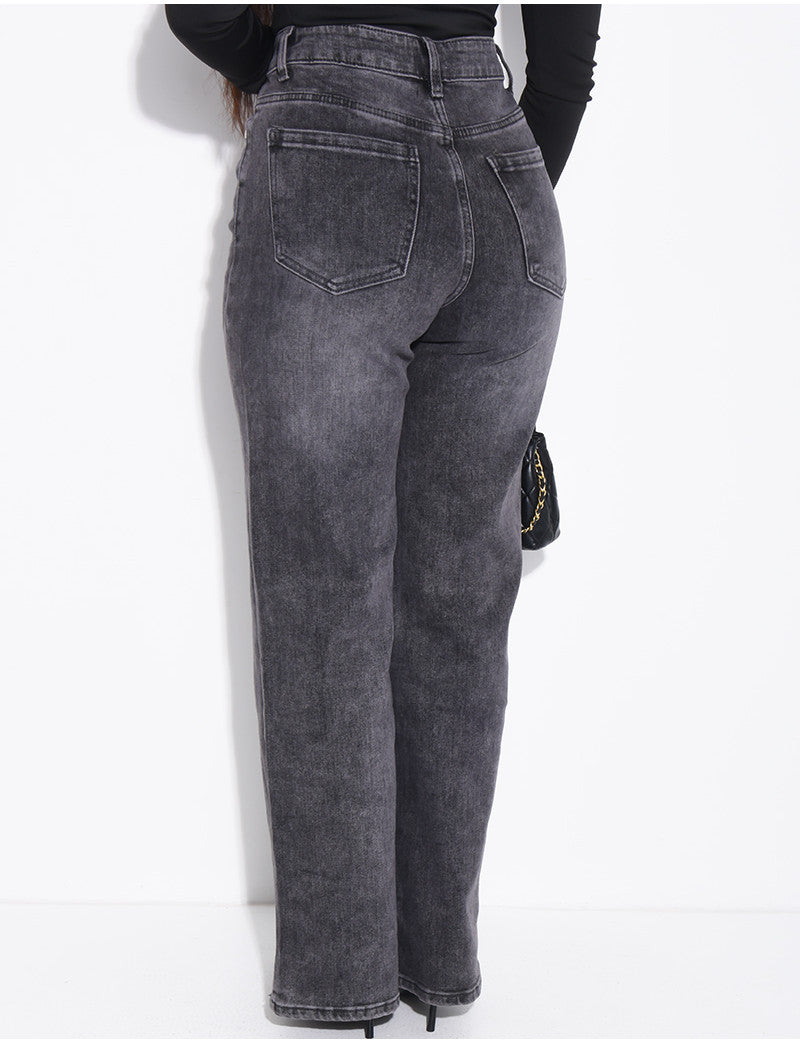 Jeans coupe droite délavé en tissu stretch