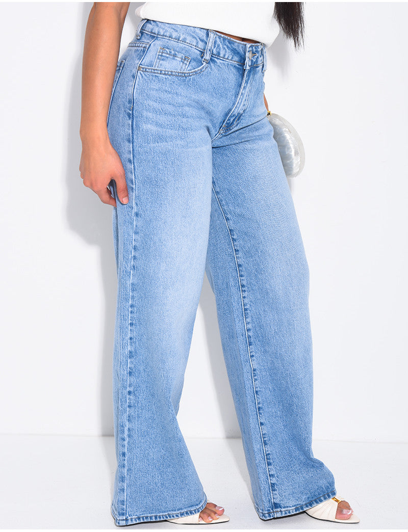 Jeans coupe large taille moyenne délavé