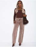Jeans wide leg à délavage brun & boutonnière croisé