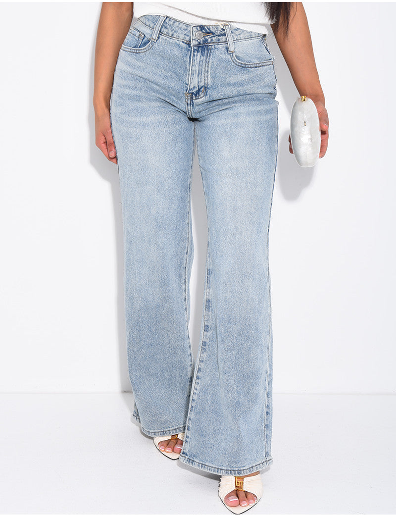 Jeans coupe large taille moyenne délavé