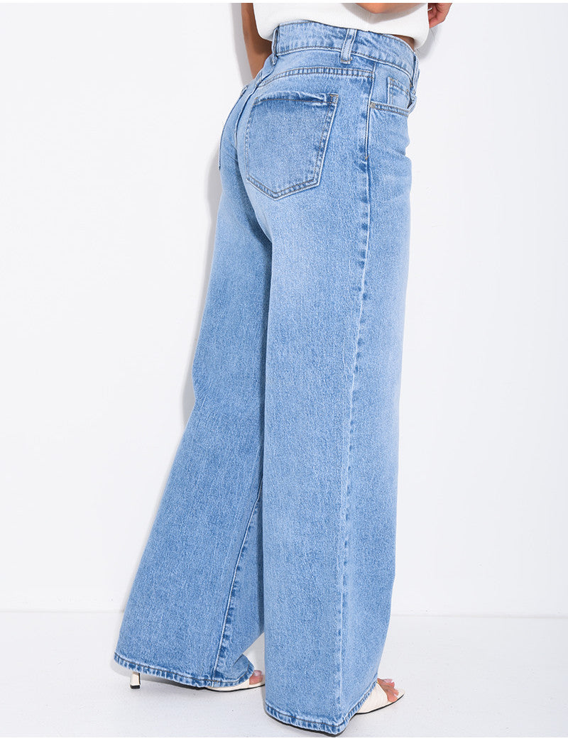 Jeans coupe large taille moyenne délavé
