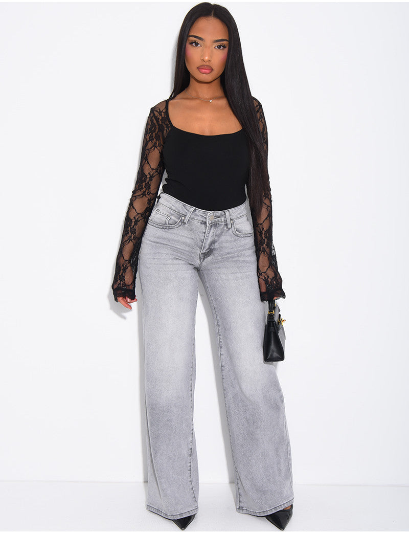 Jeans taille basse wide leg à poches rabattues