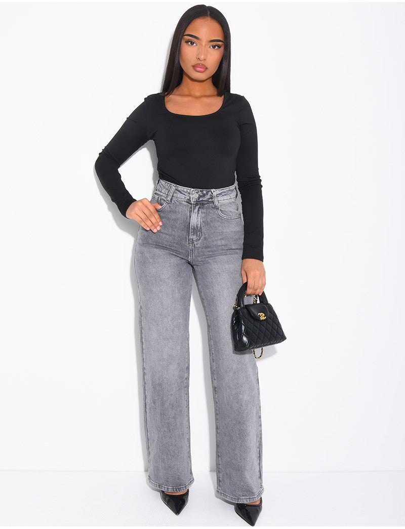 Jeans coupe droite taille haute gris délavé