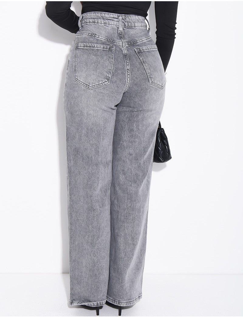 Jeans coupe droite taille haute gris délavé