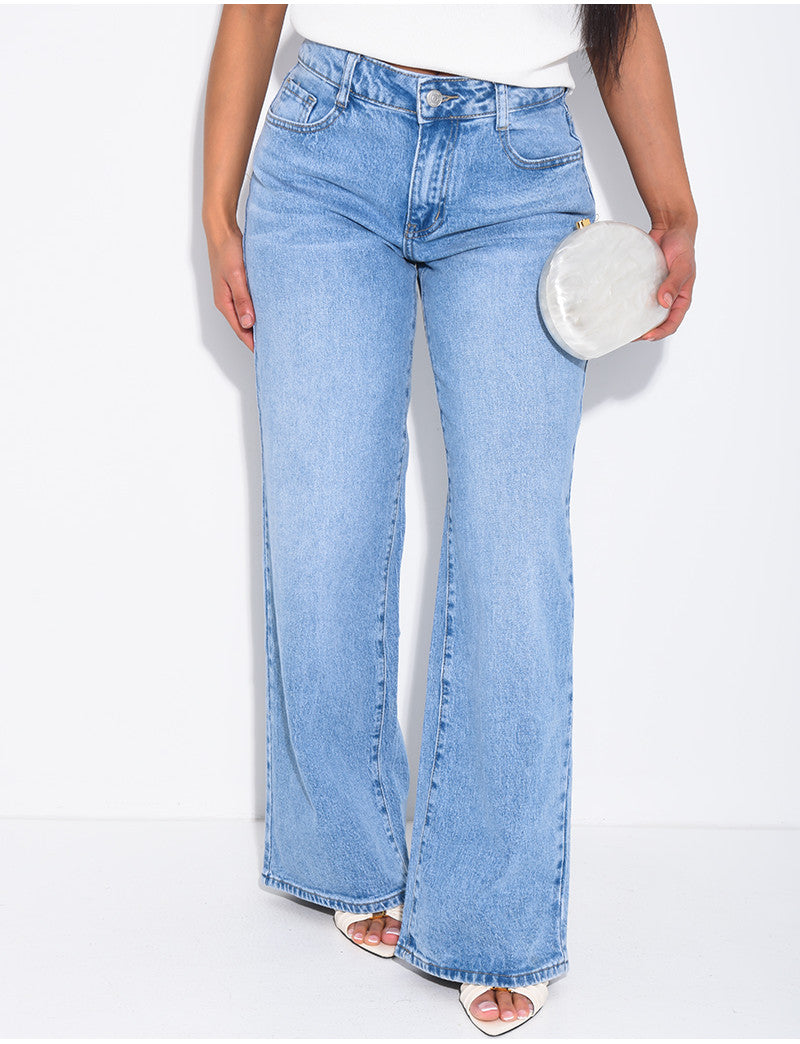 Jeans coupe large taille moyenne délavé