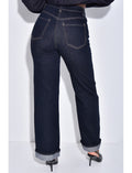 Jeans coupe droite bleu foncé à revers aux chevilles