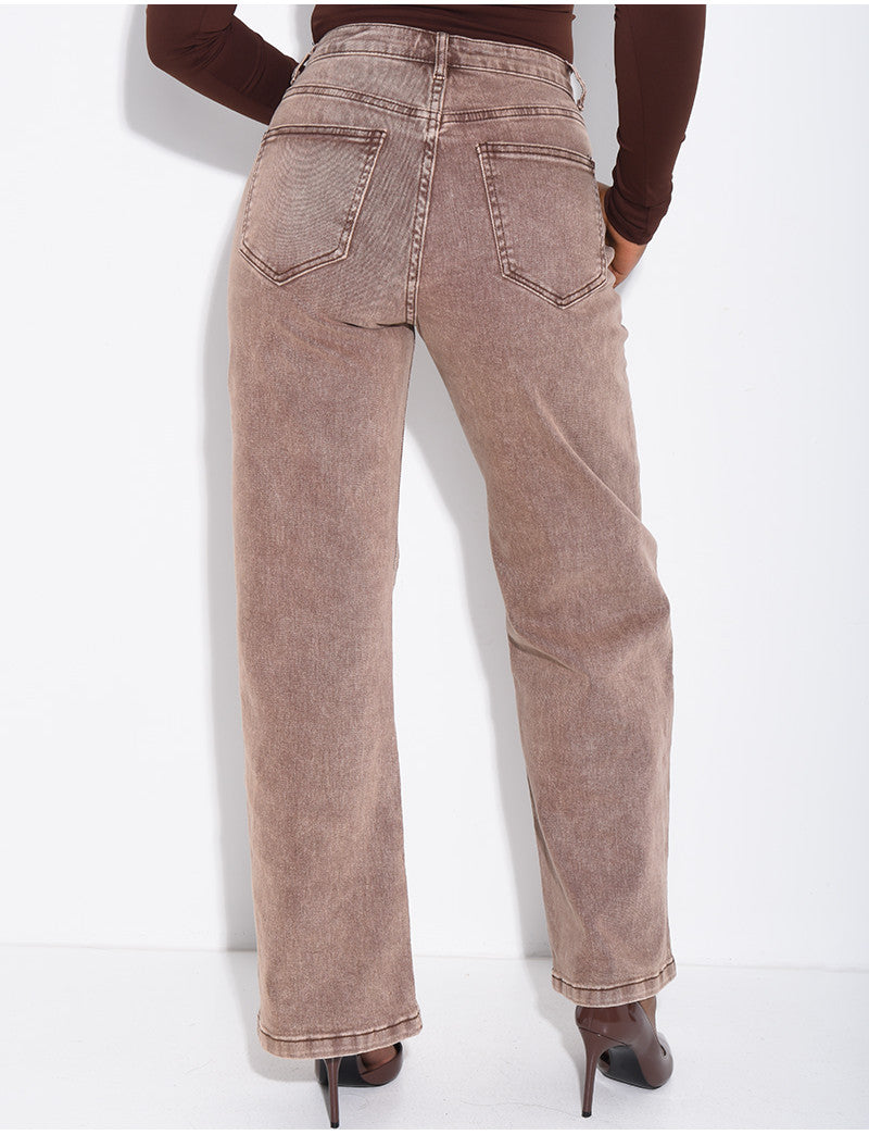 Jeans wide leg à délavage brun & boutonnière croisé