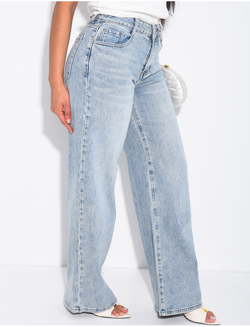 Jeans coupe large taille moyenne délavé