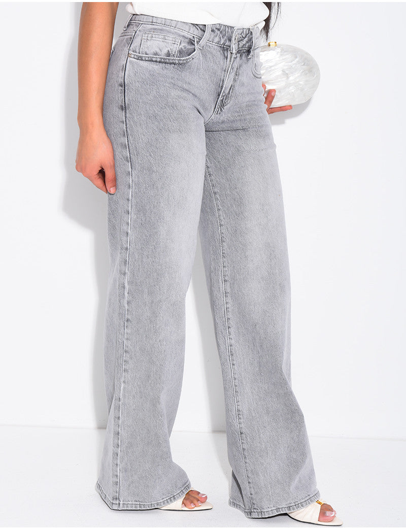 Jeans taille basse wid leg délavé