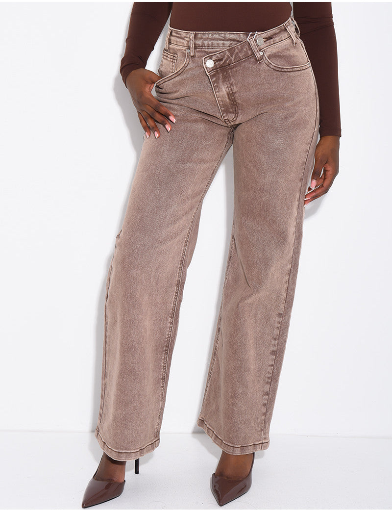 Jeans wide leg à délavage brun & boutonnière croisé