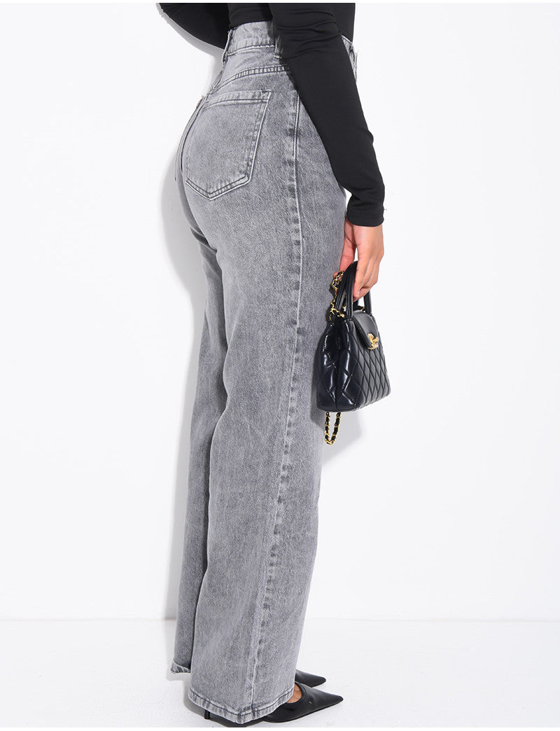 Jeans coupe droite taille haute gris délavé