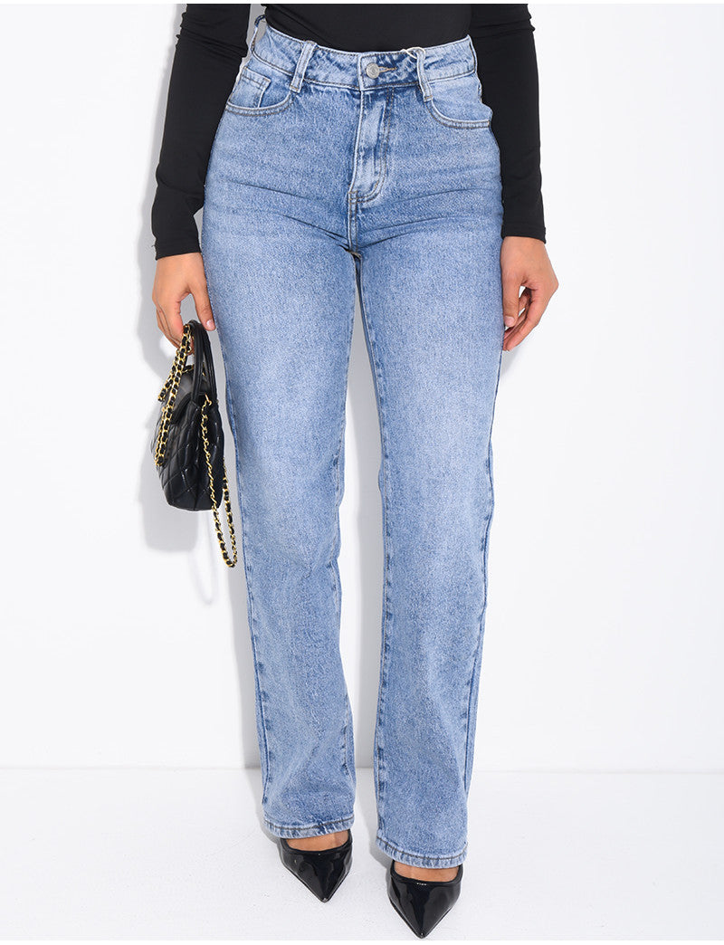 Jeans coupe droite taille haute en tissu stretch
