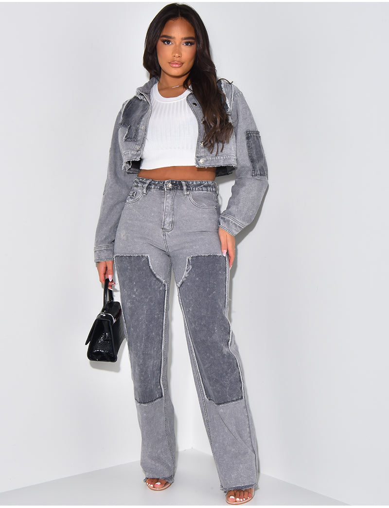 Jeans coupe droite délavé à empiècements contrastants