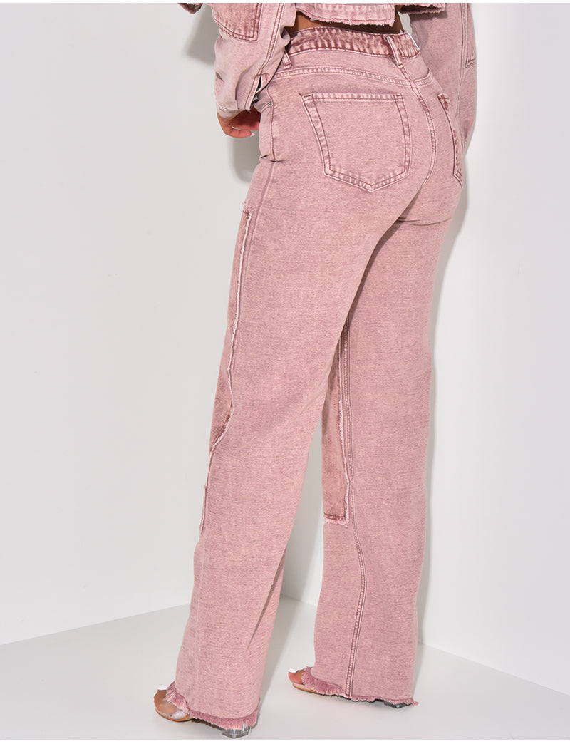 Jeans coupe droite délavé à empiècements contrastants