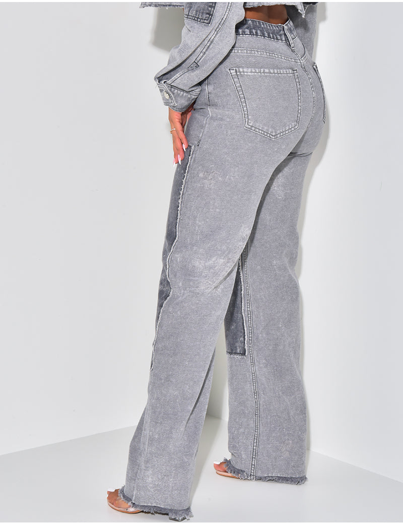 Jeans coupe droite délavé à empiècements contrastants