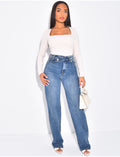 Jeans coupe droite stretchy à boutonnière croisée