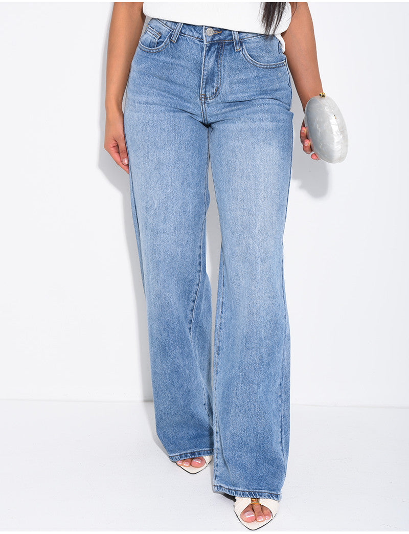 Jeans wide leg à étoiles brodées aux poches arrières