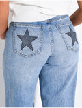 Jeans wide leg à étoiles brodées aux poches arrières