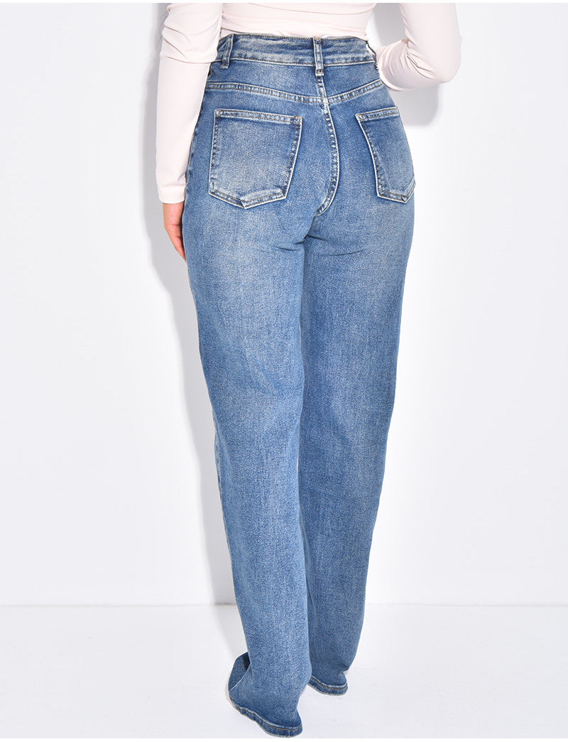Jeans coupe droite stretchy à boutonnière croisée
