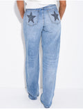 Jeans wide leg à étoiles brodées aux poches arrières