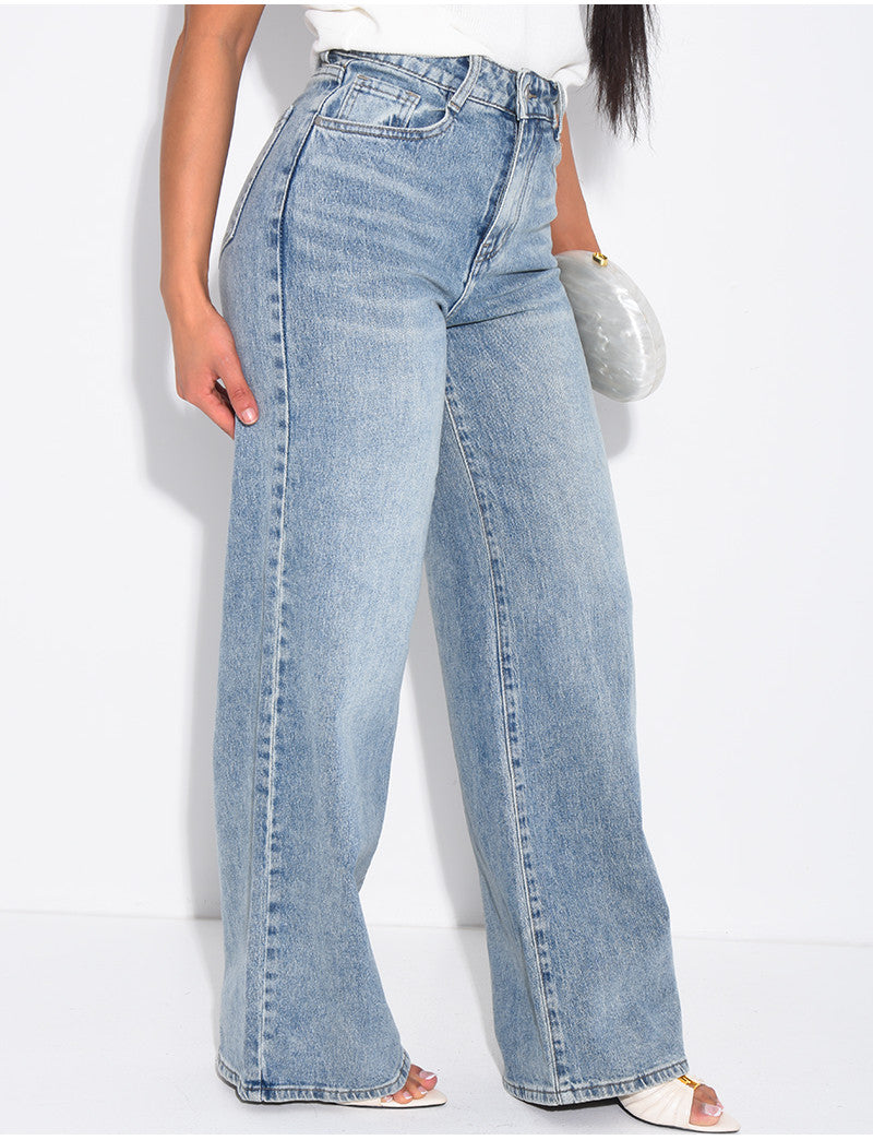 Jeans taille haute coupe droite à délavage vintage