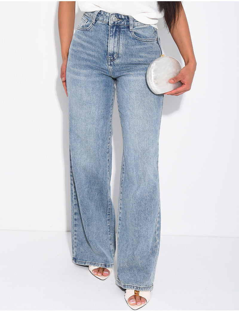 Jeans taille haute coupe droite à délavage vintage