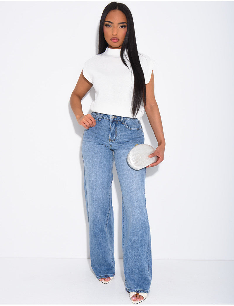 Jeans wide leg à étoiles brodées aux poches arrières