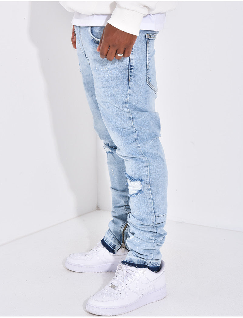 Jeans destroy à tâches de peinture & fermeture éclaire
