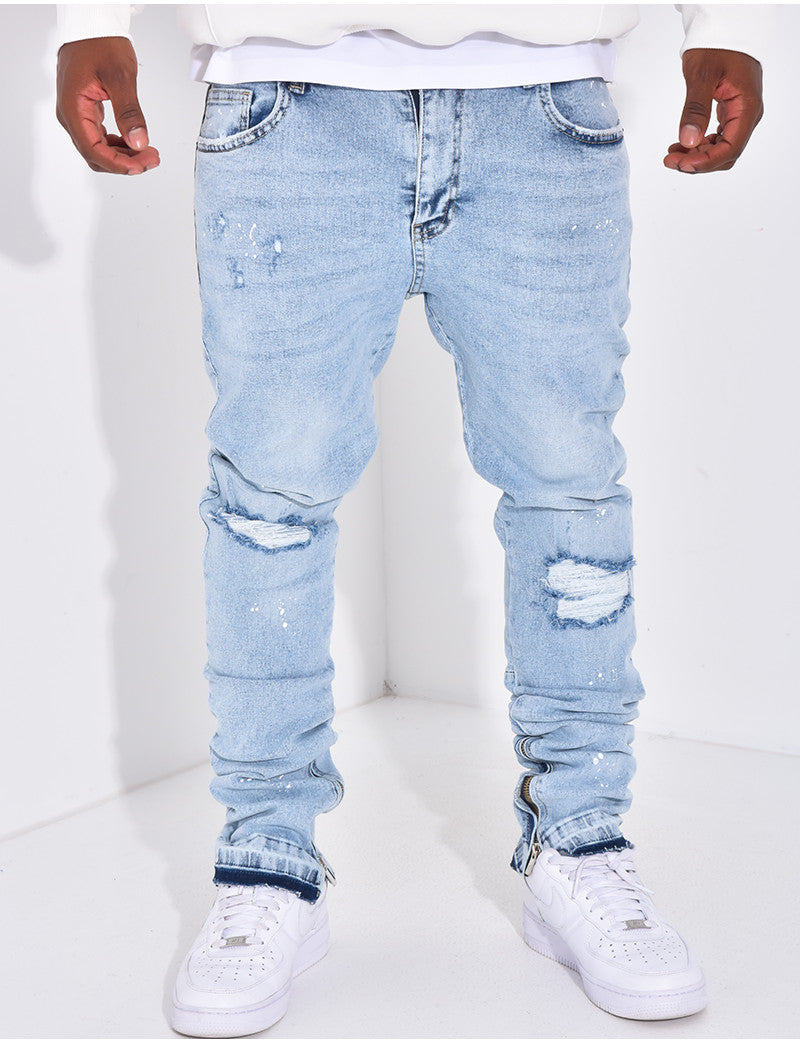 Jeans destroy à tâches de peinture & fermeture éclaire