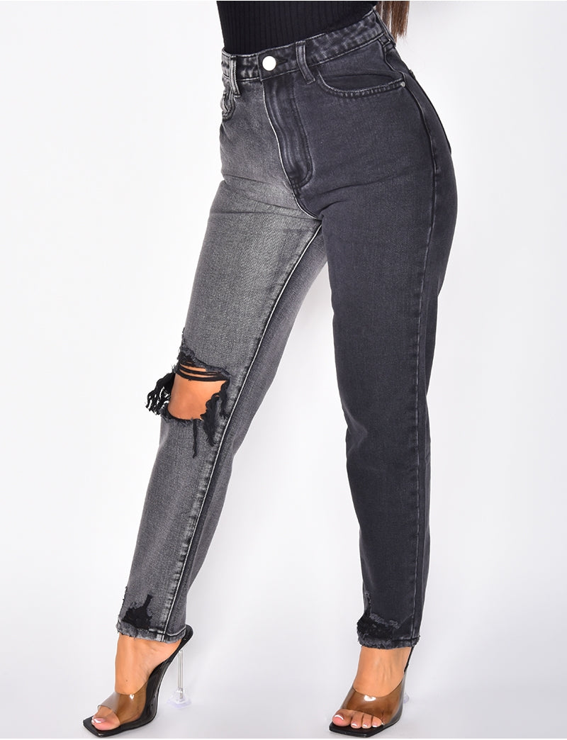 Jeans destroy bi-color coupe droite